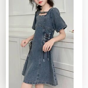 Girls Retro Denim Lace-Up Dress - 9-10 Years / 140cm